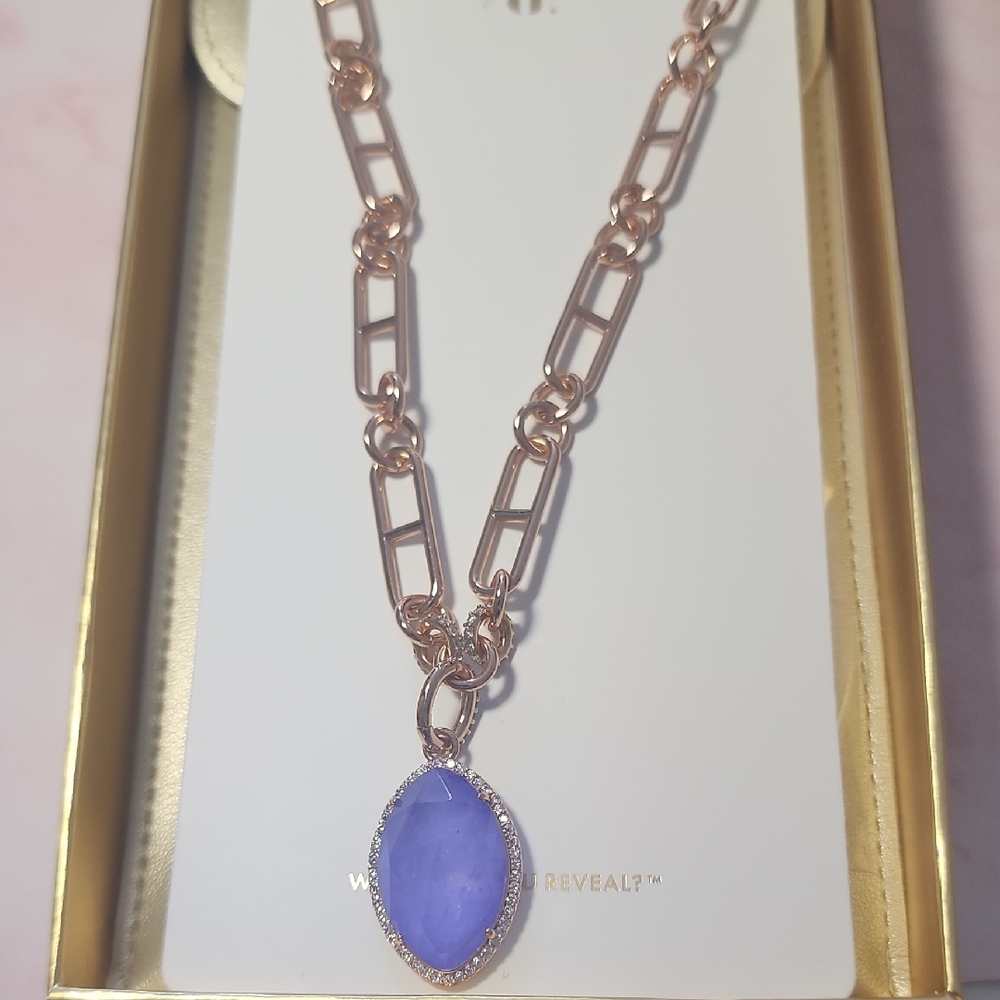 Rose Gold Chain Necklace with Lavender Oval Pendant and Crystal Halo